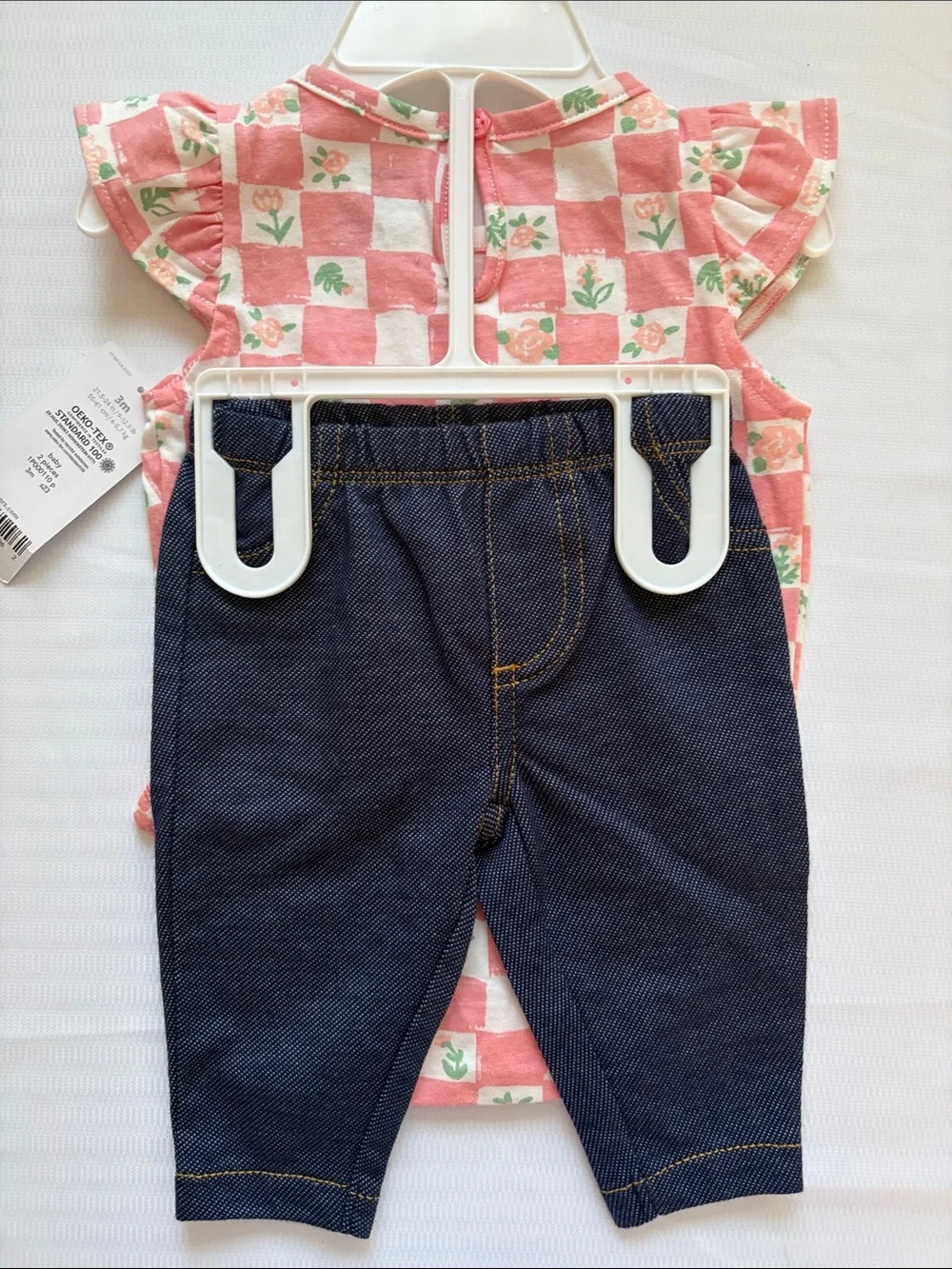 Carter's Pink and White Check Floral Romper with Dark Denim Leggings 3m